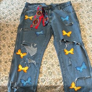 Embroidered Butterfly Distressed Jeans